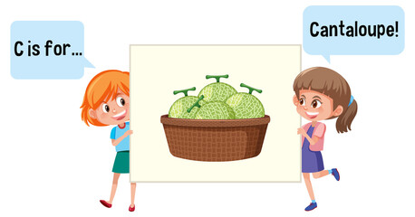 Cartoon character of two kids spelling fruit vocabulary
