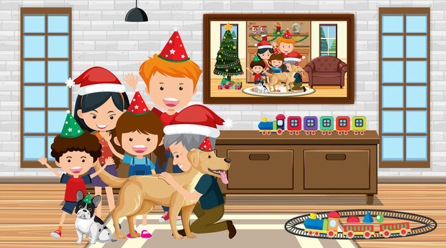 Happy family wearing Christmas costume in the living room scene