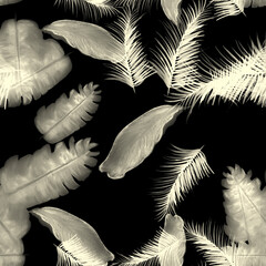 Gray Tropical Exotic. White Seamless Plant. Black Pattern Leaf. Decoration Foliage. Banana Leaves. Isolated Textile. Spring Leaf. Watercolor Art.
