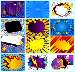 Collection of pop art comic background. Cartoon Vector Illustration with cloud, speech bubble, thunder, explosion and star.