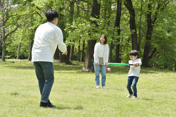 公園で野球を楽しむファミリー