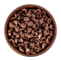 Top view of bowl with sweet chocolate cereal flakes for breakfast on white background