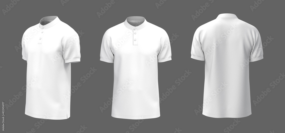 Poster Blank mandarin collar t-shirt mockup in front, side and back views, tee design presentation for print, 3d rendering, 3d illustration