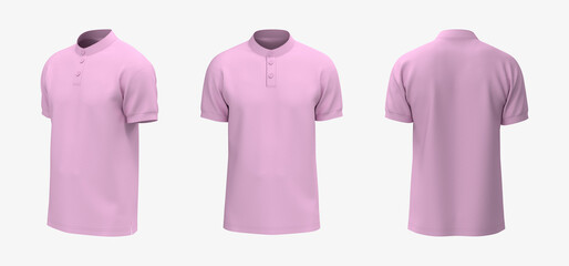 Blank mandarin collar t-shirt mockup in front, side and back views, tee design presentation for print, 3d rendering, 3d illustration