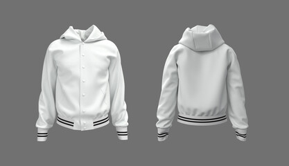 Hooded jacket mockup in front, side and back views. 3d illustration, 3d rendering - obrazy, fototapety, plakaty
