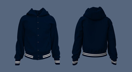 Hooded jacket mockup in front, side and back views. 3d illustration, 3d rendering