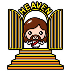 cartoon cute jesus open the door of heaven vector design