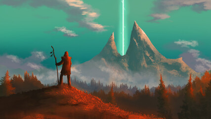 A man looks at the mountains, between them a ray of magic light. 2D illustration