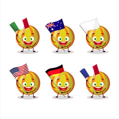 Yellow candy cartoon character bring the flags of various countries