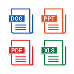 Set of file type. Format and extension of documents. DOC, PPT, PDF and XLS. Illustration vector