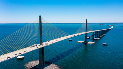 Sunshine Skyway Bridge in Tampa Bay Florida. Large Suspension Bridge that ships pass underneath....