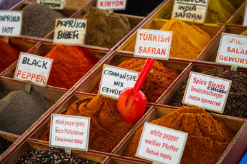 Close-up of beautiful rows of fresh spices: turmeric, cumin, red and black pepper,parsley, peppers, greens, carrots, onions . Various spices on the market showcase