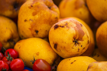 Close-up of bright fruits for background, texture. Yellow pears on a shop window.