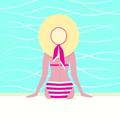A woman in a hat by the pool. Vector illustration