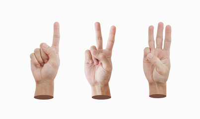 Hands counting one two, and tree, isolated on white background