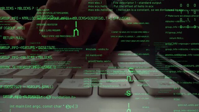 Creative visual of computer programming coding and software development shown by man working on computer keyboard with overlay of computer graphic displaying abstract program codes and computer script