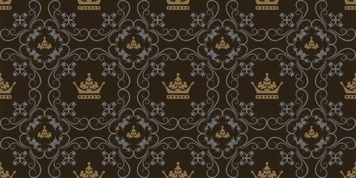 Elegant background pattern, richly decorated in royal style on black background, wallpaper. Seamless pattern, texture. Vector graphics