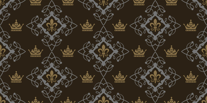 Ornate background pattern in royal style on black background, wallpaper. Seamless pattern, texture. Vector graphics