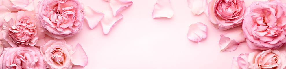 Flowers composition. Rose flower petals on pastel pink background.