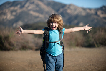Child boy with backpack hiking in scenic mountains. Kid local tourist goes on a local hike.
