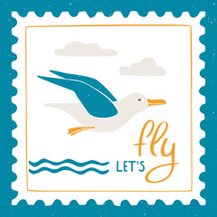 Cute sea post stamp with flying sea gull and "Lets fly" phrase. For decoration, design and scrapbooking. Vector shabby hand drawn illustration