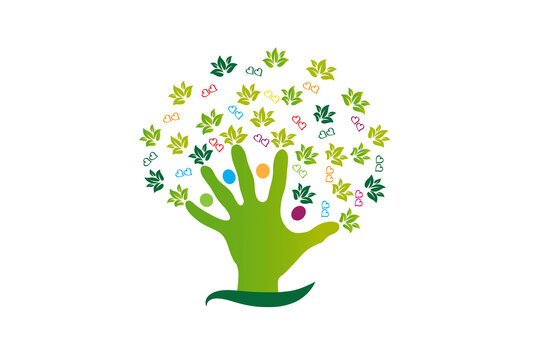 Tree Hand And Hearts Figures Logo Nature Health Care Symbol Icon Vector Image Design