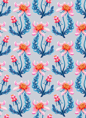 Obraz premium Fabulous flowers seamless pattern. Magic print for textiles, packaging. Drawing with colored pencils on paper. Vintage ornament for textiles.