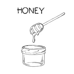 Honey on white background. Icolated hand drown art of bottle with honey and wooden spoon with drop of honey.