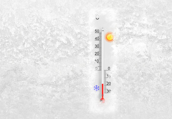 Outdoor thermometer on a frozen window shows minus 18 degrees celsius temperature in cold winter day