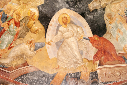 Istanbul, Turkey - June 10 2014: Anastasis Scene Mural in the Parekklesion of Chora Church Museum with Jesus Christ at the Resurrection, Pulling Up Humankind in the Form of Adam and Eve