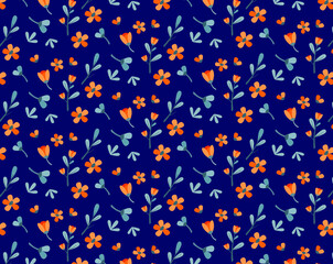 Cute Orange and Gray Flower Pattern Vector on Navy Blue Background for Fabric Textile