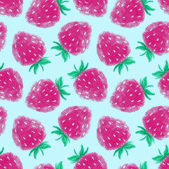 Pink Strawberry on blue background. Bright colors. Healthy vegan food. Summer vibes. Yummy snack. Grocery. Seamless repeatable pattern. Original illustration. Digital art. Cute drawing. 