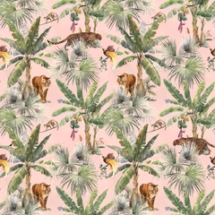 Behang Afrikaanse dieren Prachtige vector naadloze patroon met aquarel tropische palmen en jungle dieren tijger, giraf, luipaard. Voorraad illustratie.