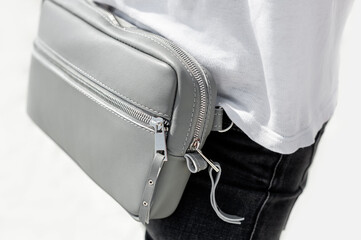 Gray bag for men. Leather Waist Belt Bag Leather Fanny Pack Men Waist Purse.