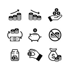 Simple set of coins related vector icons. Contains such icons as increased income, coins stack, money changer, donation, and coin sack more.