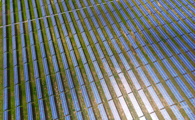 Aerial. Solar panels background. Top view from drone.