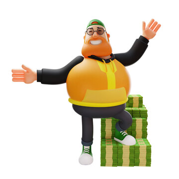 3D Fat Man Cartoon Picture standing on a pile of money proudly
