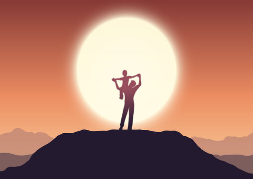 Fathers day background with dad and son in sunset landscape