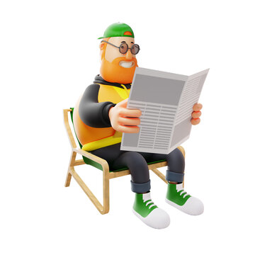 3D big Male Cartoon Illustration reading a newspaper