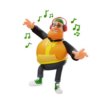 A Fat Male 3D Cartoon Picture listening to music from headphone