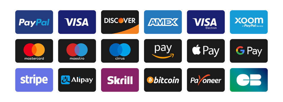 Online payment methods button set, brand logo : Paypal, Visa, Mastercard, American Express, Apple Pay, Payoneer, Discover, Bitcoin, Skrill, Stripe, Alipay... Isolated web payment badges. Vector design