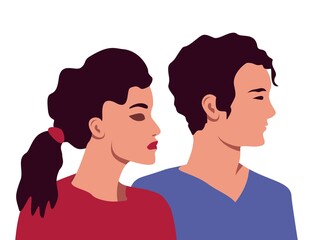 man and woman profile, portrait of young people, avatar for guy and girl