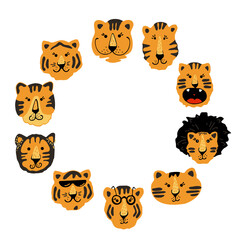 Circle of cute vector graphic little tigers. Chinese 2022 year symbol. Year of tiger. Cartoon mascot. Smiling adorable character. Orange illustration of wild exotic animal isolated on white background