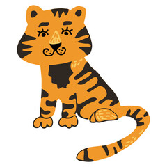 Cute vector graphic little tiger. Chinese 2022 year symbol. Year of tiger. Cartoon mascot. Smiling adorable character. Orange illustration of wild exotic animal isolated on white background.