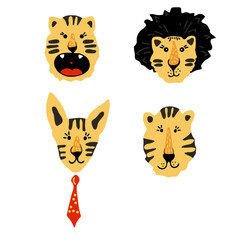 Untitled-1Cute vector graphic little tiger portraits. Chinese 2022 year symbol. Year of tiger. Cartoon mascot. Smiling adorable character. Orange illustration of wild exotic animal isolated on white b