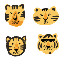 Untitled-1Cute vector graphic little tiger portraits. Chinese 2022 year symbol. Year of tiger. Cartoon mascot. Smiling adorable character. Orange illustration of wild exotic animal isolated on white b