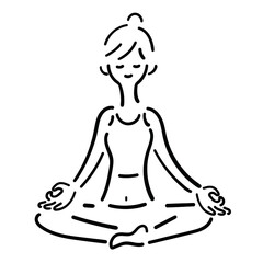 line drawing Woman sitting cross legged meditating.ヨガをしている女性のイラスト