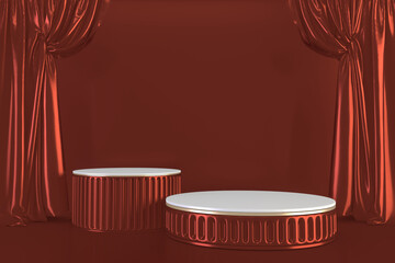 Gold podium show in red color background.3D rendering