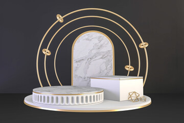 3d rendering, gold Luxury Podium roman style on background black for show product.