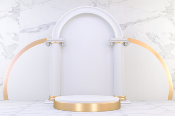 Roman podium  white for cosmetic product on background granite white. 3d rendering